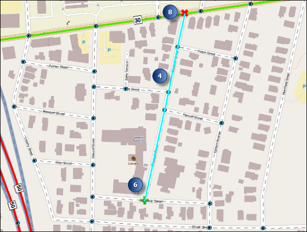 The selected route highlighted on the map